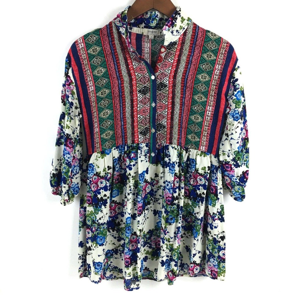 Umgee Womens Top Small Floral Tunic Babydoll Blouse Rayon Buttons Flowy Boho